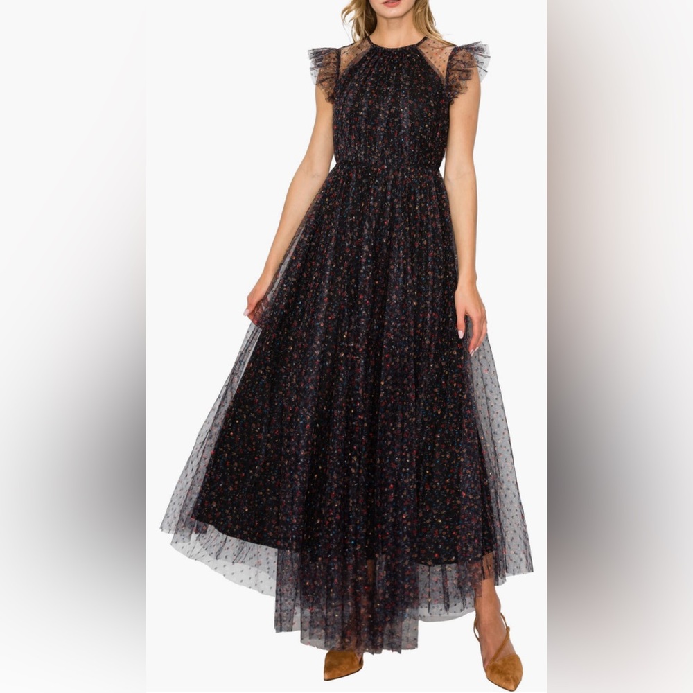 MELLODAY Flutter Sleeve Mesh Maxi Dress In Black Dot Floral New - Picture 4 of 13